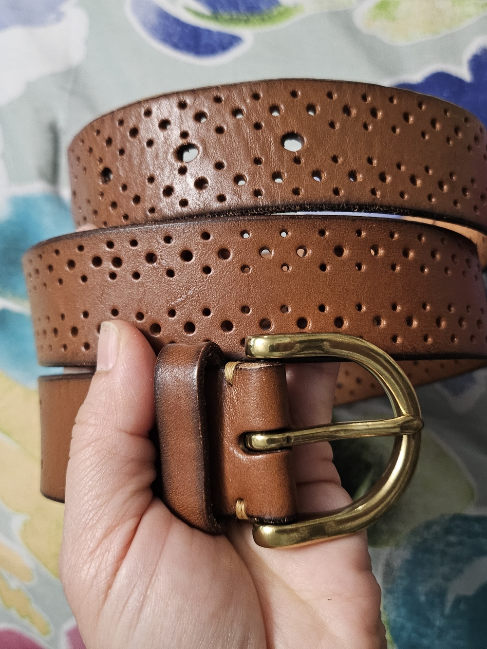 Fossil Perforated Brown Leather Belt with Brass-Tone Buckle